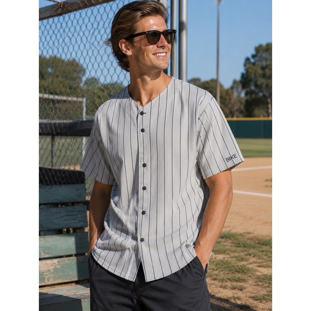 Vintage 1990s BIKE Pin Stripped Softball Baseball Jersey Gray USA Made Size Lg